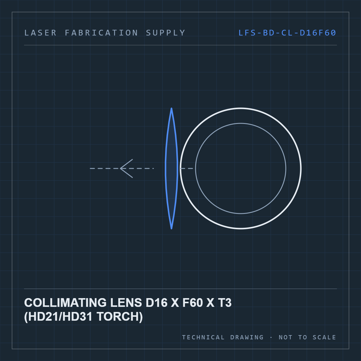 Bodor Collimating lens D16 x F60 x T3 (HD21/HD31 torch) — technical drawing