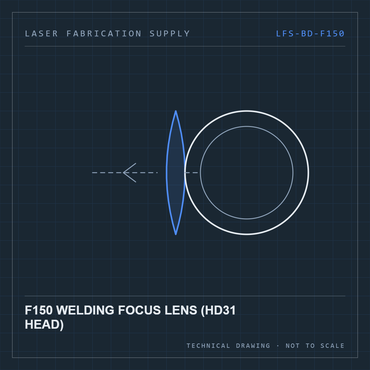 Bodor F150 welding focus lens (HD31 head) — technical drawing