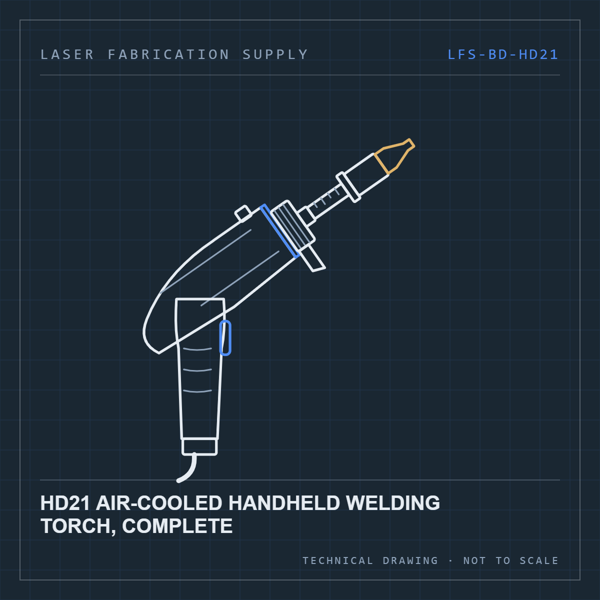 Bodor HD21 air-cooled handheld welding torch, complete — technical drawing