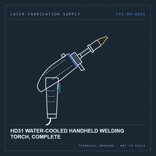 Bodor HD31 water-cooled handheld welding torch, complete — technical drawing