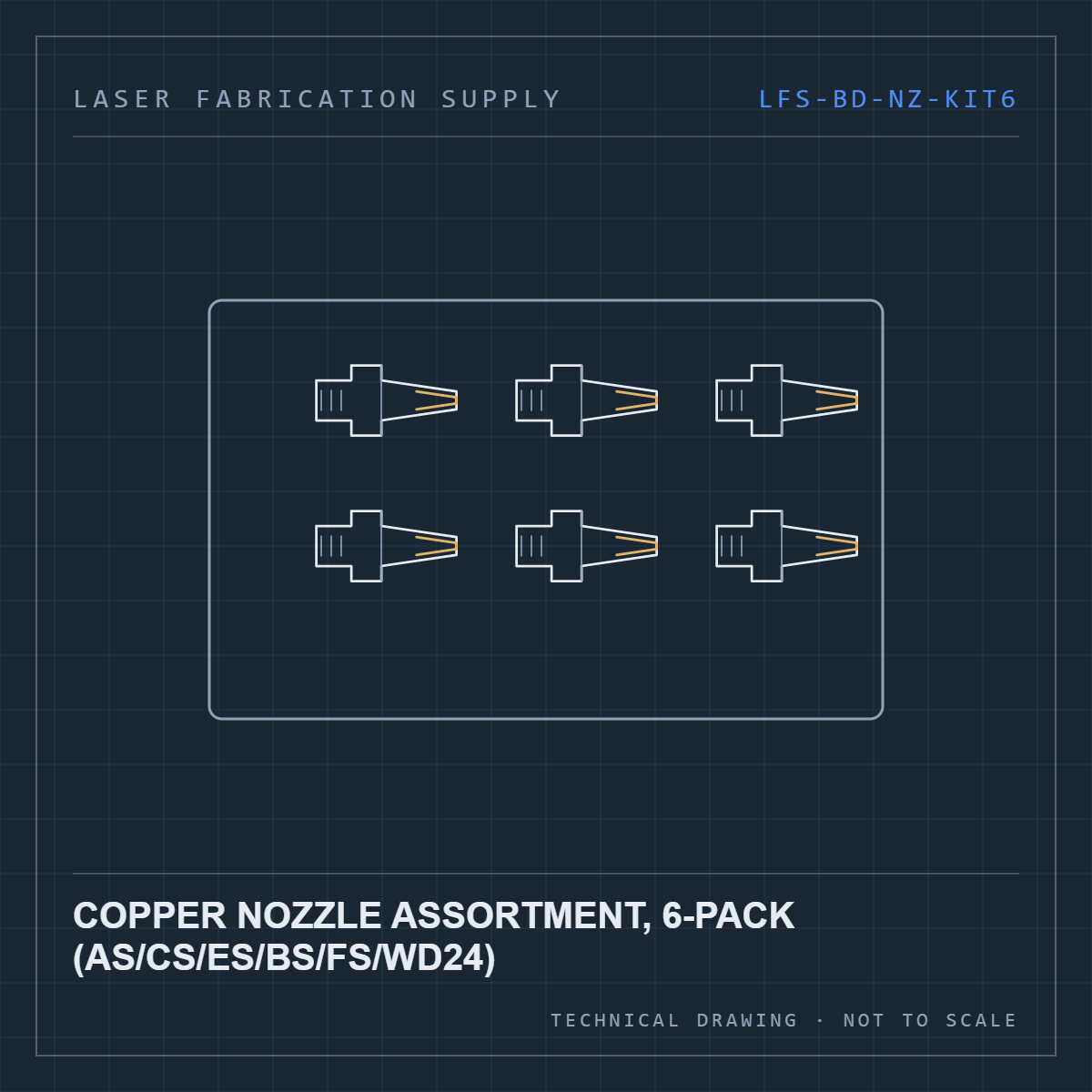 Bodor Copper nozzle assortment, 6-pack (AS/CS/ES/BS/FS/WD24) — technical drawing
