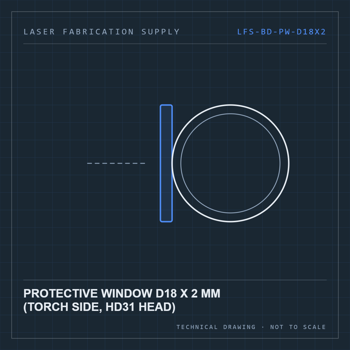 Bodor Protective window D18 x 2 mm (torch side, HD31 head) — technical drawing